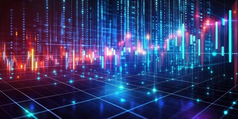 Colorful digital data visualization with glowing vertical bars and grid lines in a futuristic neon blue and orange color scheme