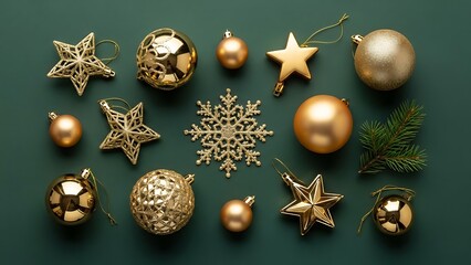 Golden Christmas Ornaments on Green Background Festive Holiday Still Life