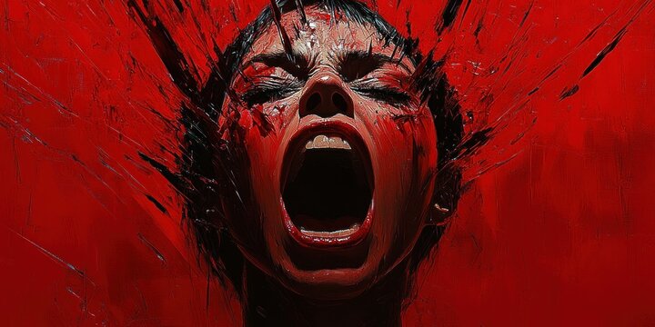 Close-up portrait of a person screaming with intense emotion, red and black abstract paint splashes surrounding the face conveying pain and anguish