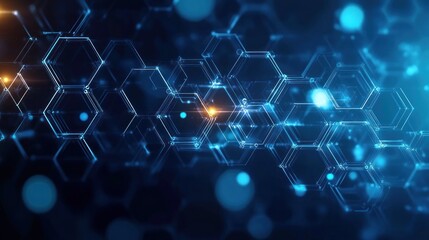 Abstract digital network of connected translucent hexagonal shapes glowing with blue and orange lights on a dark background