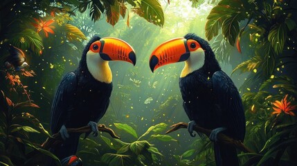 Fototapeta premium Two vibrant toucans perched on branches facing each other in a lush, sunlit tropical rainforest filled with green foliage and orange flowers