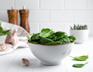 Fresh organic spinach salad with feta cheese in a bowl, a healthy green vegetable diet food