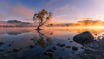 Solitary tree stands in serene lake at dawn, reflecting in the water, with mountains in the background and mist rising.