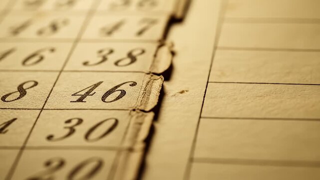 Close-up on an old ledger page with numbers in columns, warm sepia tones and ragged edges