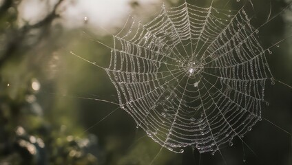 Intricate spiderweb glistening with dew drops in a natural outdoor setting.