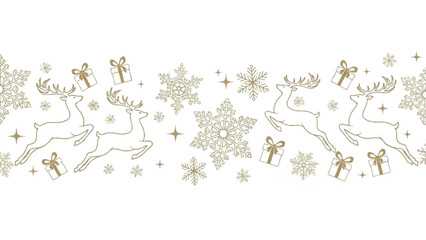 Elegant golden Christmas seamless border with festive reindeer, delicate snowflakes, and charming gift boxes on a clean white background, perfect for holiday season designs