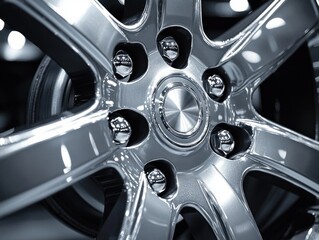 Close-up view of a shiny metallic car wheel rim with reflective surfaces and polished lug nuts under bright lighting