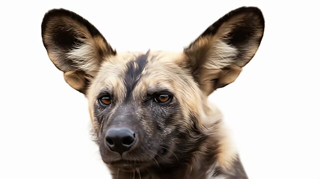 African Wild Dog portrait; tan, black, brown fur & big ears, against a white background