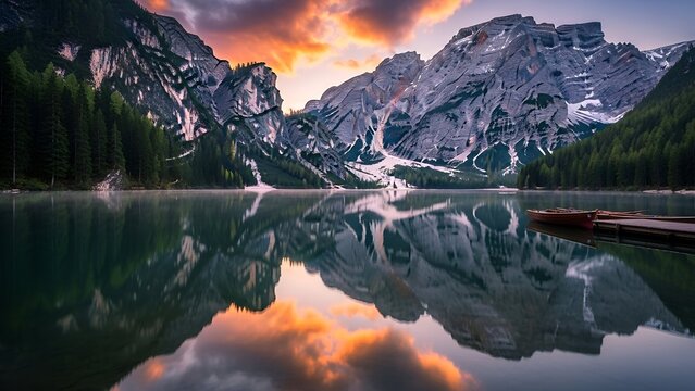 Majestic mountain range reflected in calm lake at sunset; clouds ablaze with color - Powered by Adobe