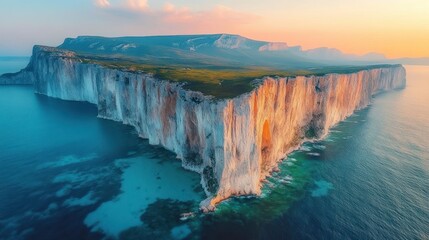Aerial view of towering white cliffs surrounded by clear blue ocean under a pastel sunset sky with a flat plateau covered in green vegetation