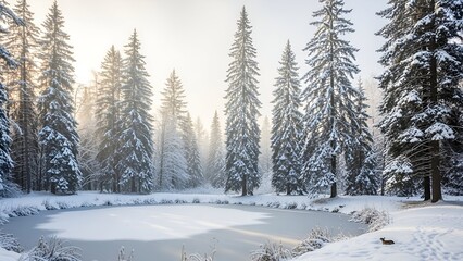 Obraz premium Serene winter landscape features snow-covered evergreen trees, a frozen pond, and sunlight