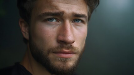 Fototapeta premium Close up portrait of a serious young man with intense blue eyes and a beard contemplating in a moody atmospheric dimly lit setting with soft focus