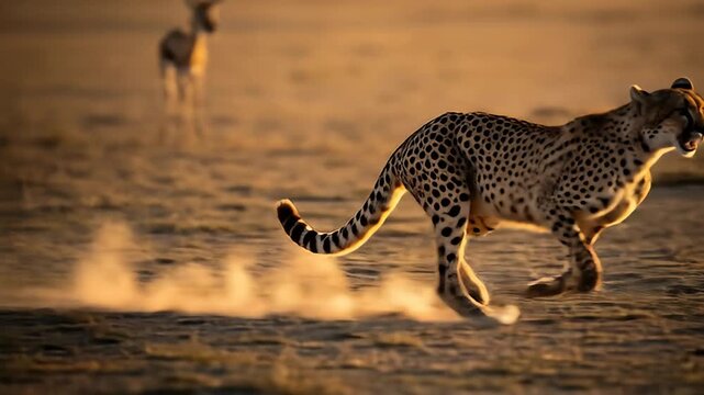 A cheetah sprints across an arid landscape, two antelopes in the blurry background