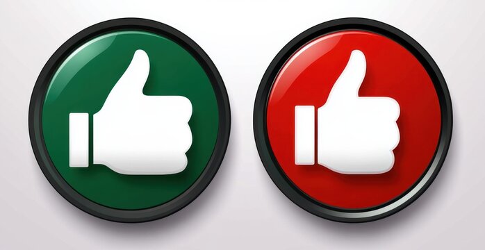 Two large round buttons displaying white thumbs-up icons with one button green and the other red symbolizing approval and disapproval