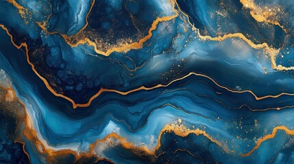 abstract fluid art with swirling shades of deep blue and vibrant gold metallic streaks creating a dynamic, luxurious texture