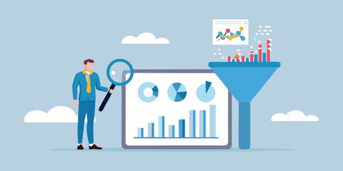 Data analysis and filtering concept with business man and charts
