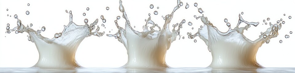 three milk splashes captured in mid-air with droplets spreading outward against a white background