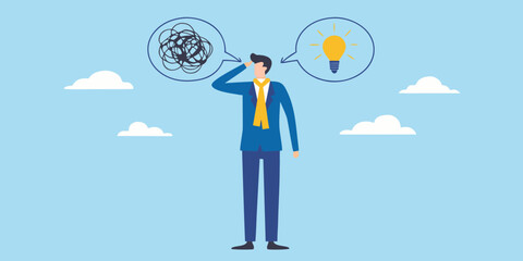 Businessman with confused thoughts and a bright idea