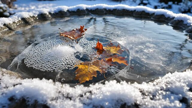 Frozen Garden Bird Bath with Autumn Leaves in Snow