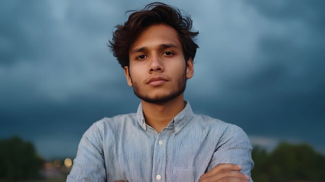Young man with serious expression and arms crossed against a dramatic twilight sky - Powered by Adobe