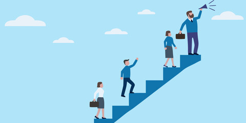 Fototapeta premium Business team climbing stairs to success with leader using megaphone