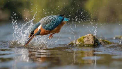 Kingfisher diving into water, creating a splash, vibrant colors, hunting fish.