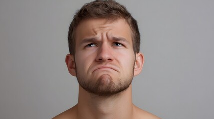 Fototapeta premium A young man with a confused and questioning expression looks upwards with furrowed brows and a downturned mouth against a plain grey background