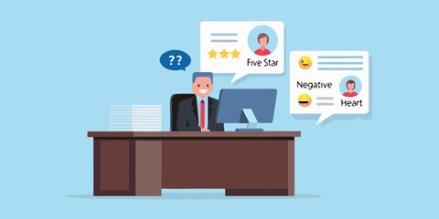 Businessman analyzing customer feedback with positive and negative reviews on a computer
