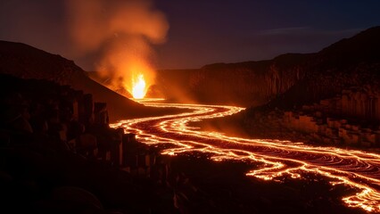 Cinematic night scene of slow-moving lava river casting warm orange light onto tall black basalt cliffs; thick volcanic smoke drifting upward; deep shadows; no human presence; raw planetary firelight.