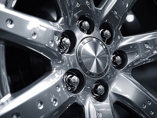 Close-up of a shiny metallic car wheel rim with lug nuts and reflective surfaces highlighting precision and durability