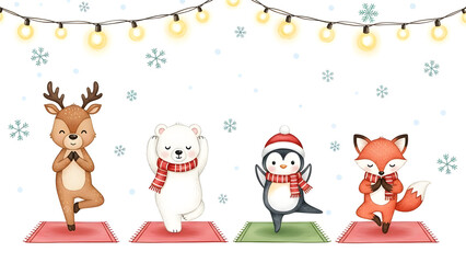 Fototapeta premium Adorable Christmas Animals Doing Yoga Tree Pose Under String Lights Illustration