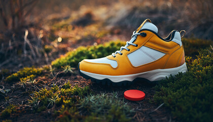 Earthy tranquility meets intrepid journey a striking yellow trail shoe grounded on vibrant moss, evoking the thrill of discovery and the peace of the wild