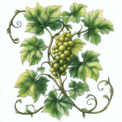 Fototapeta premium Detailed botanical illustration of a lush grapevine with clusters of green grapes surrounded by large textured green leaves and curling tendrils