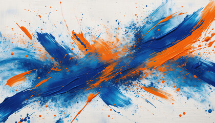 Dynamic explosion of vibrant blue and fiery orange paint splashes across a crisp white canvas, creating an abstract and energetic burst of color and movement