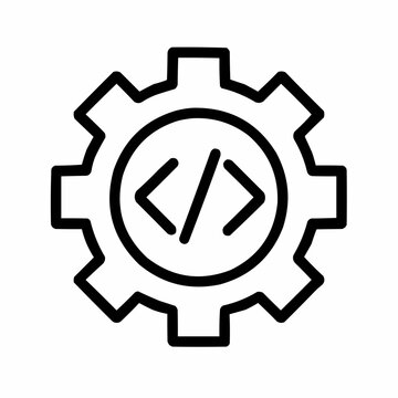 Line icon of a gear with code brackets inside &mdash; code settings, black on white, square minimalist style