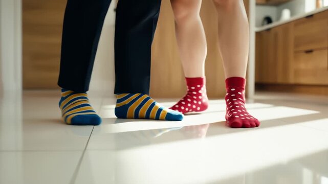 Close Up Two People Standing in Socks on Tile Floor, Different Styles