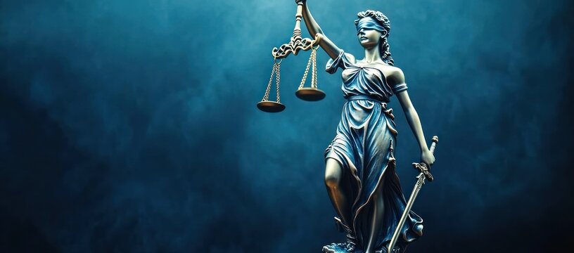 Silver statue of a blindfolded woman holding balanced scales in one hand and a sword in the other against a dark blue smoky background symbolizing justice and fairness