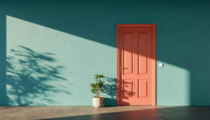 A vibrant coral pink door casting a shadow on a teal wall, with a potted plant on the floor