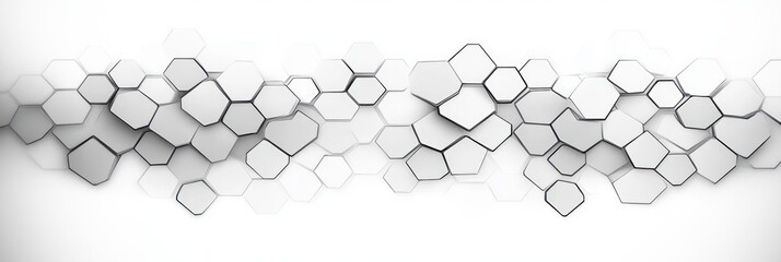 Abstract arrangement of overlapping white and gray hexagons with black outlines floating on a light background, creating a modern futuristic pattern