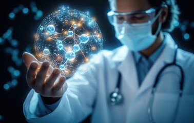 Doctor wearing protective mask and glasses holding a glowing digital network globe representing molecular connections and futuristic medical technology