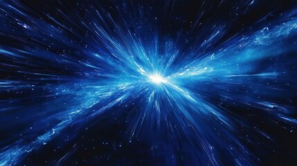 Dynamic blue and white cosmic explosion or light burst radiating energy and motion in deep space with streaks of light and stars