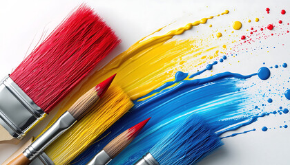 Vibrant paintbrushes applying bold primary colors, creating energetic strokes that symbolize artistic creativity and expressive passion