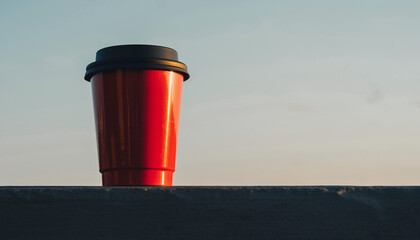Vibrant Red Coffee Cup Against a Soft Blue Sky