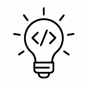 Line icon of a lightbulb with code &mdash; idea generation, black on white, square minimalist style