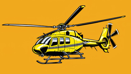Vibrant illustration of a yellow helicopter in flight against a warm orange background