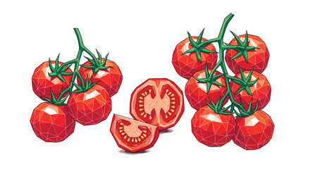 Fototapeta premium Fresh red tomatoes on the vine and sliced tomatoes, rendered in a striking polygonal pixel art style.