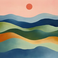 Abstract landscape with layered blue, green, and orange hills under a soft pink sky with a red sun, evoking calm and peaceful atmosphere