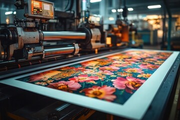 Industrial large format printer producing a vibrant and colorful floral print featuring pink and yellow flowers with green leaves inside a factory setting