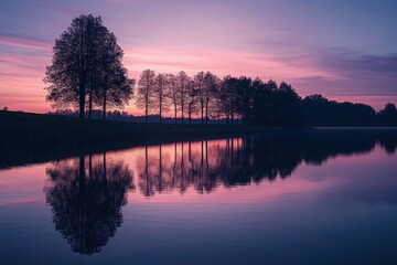 peaceful lakeside scene with silhouette line of trees reflected in calm water under a pastel purple and pink sunset sky