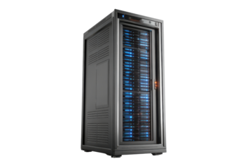 Server rack with glowing blue lights against a black background cabinet technology, Png On White Background, Isolated on Transparent Background, Cut Out